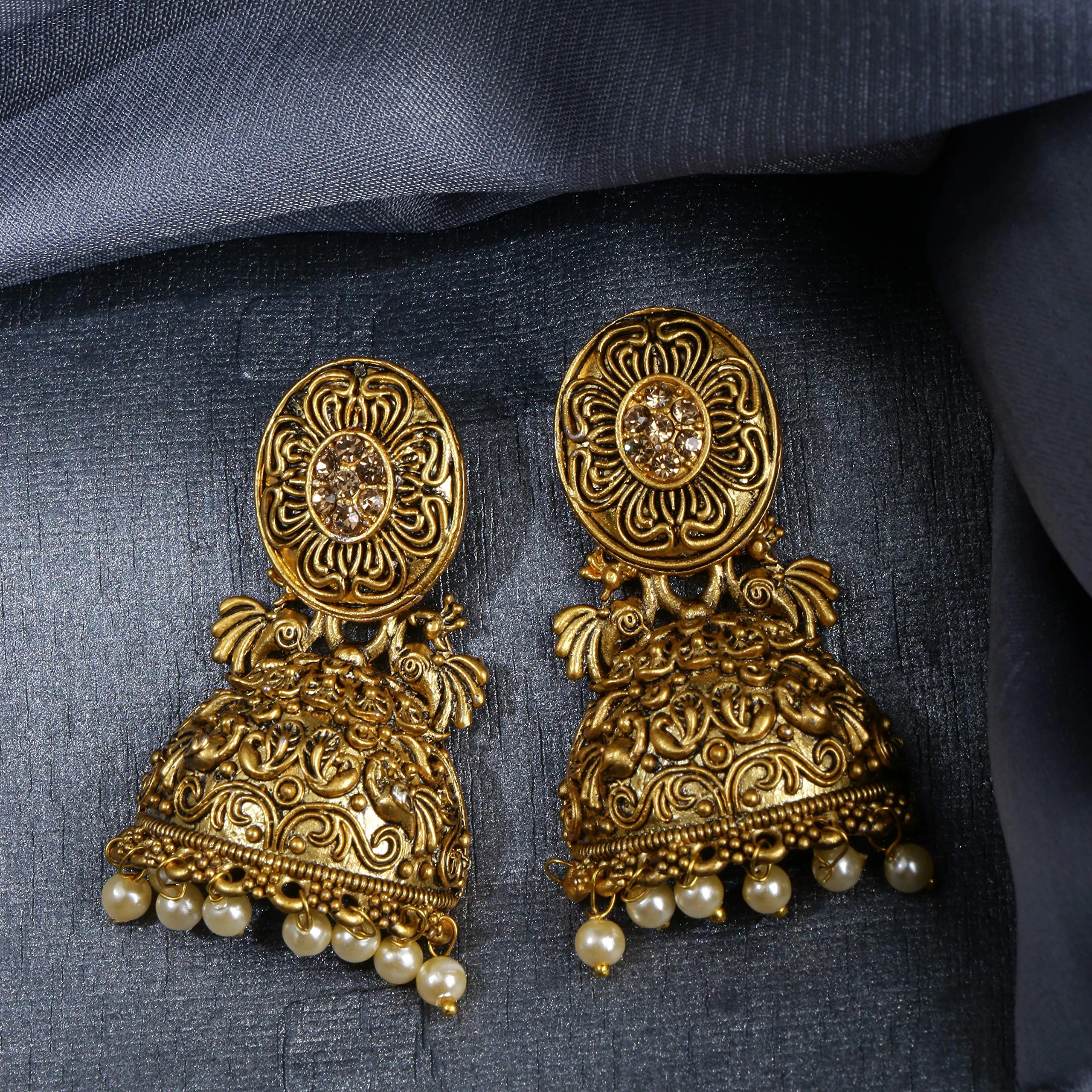 Yellow Chimes Traditional Jhumka/Jhumki Earrings Temple Jewellery Oxidized Matte Gold Plated Artistic Crafted Pecock Designer Pearl Party Wear Earrings for Womens & Girls