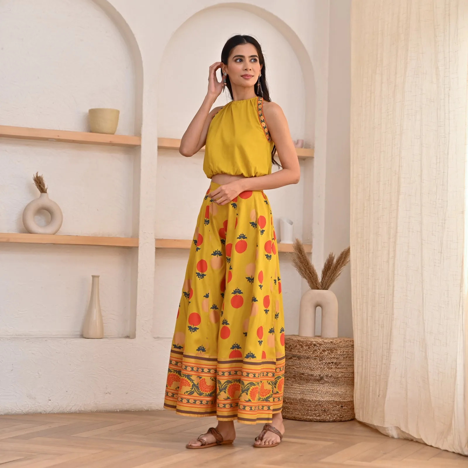 Yellow Crop Top Sharara Set with Foil Print