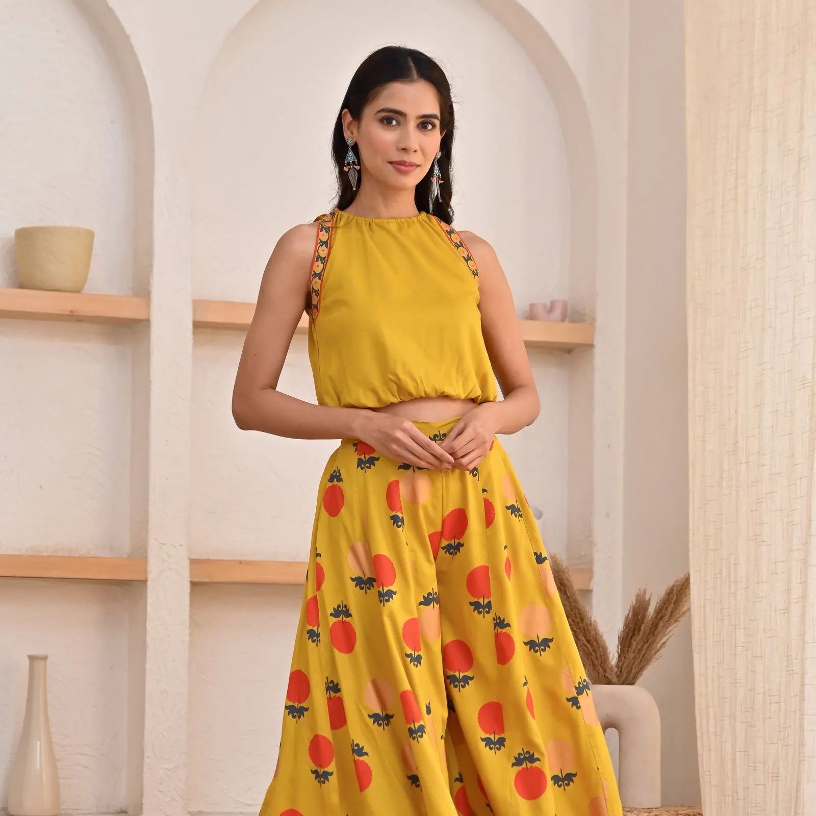 Yellow Crop Top Sharara Set with Foil Print