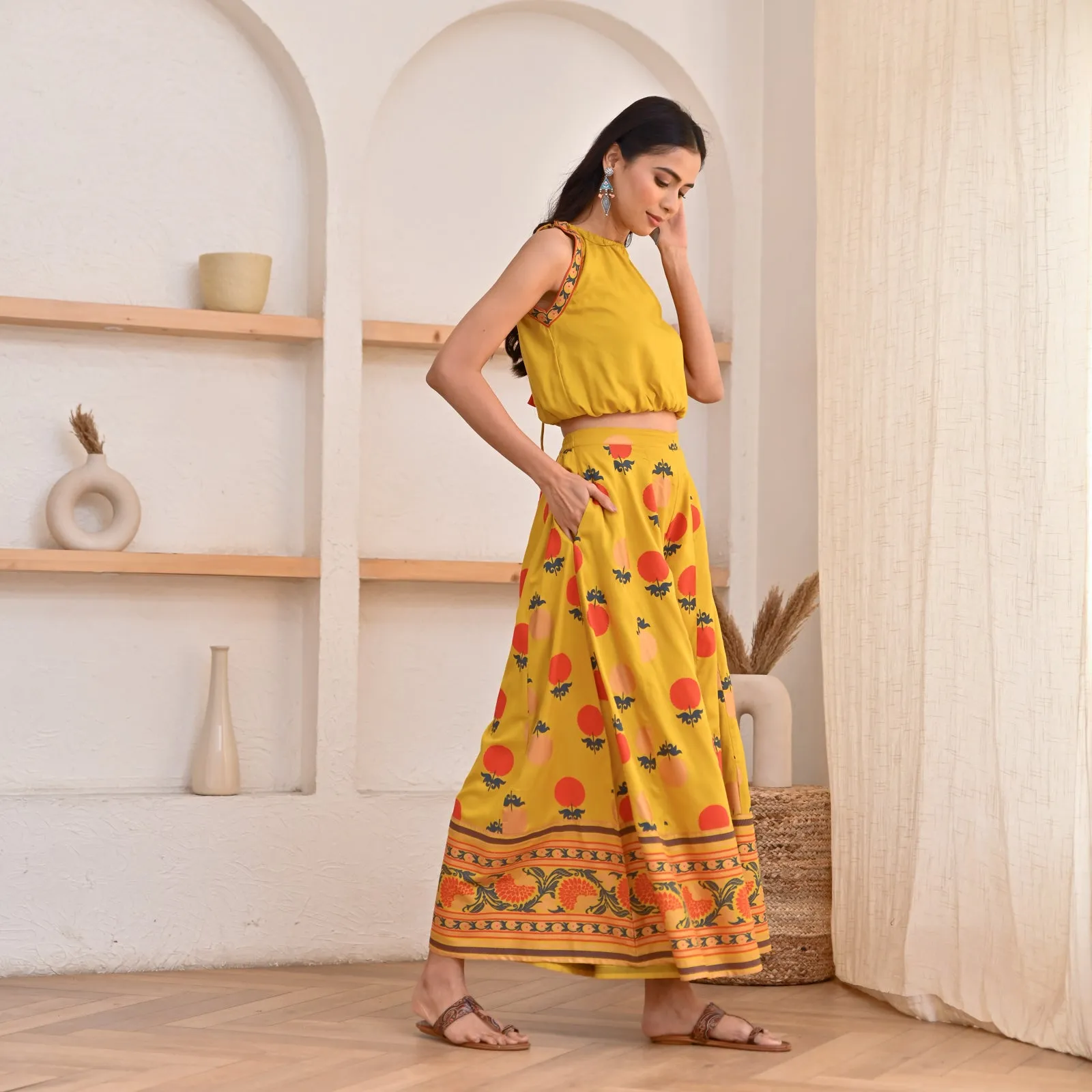 Yellow Crop Top Sharara Set with Foil Print