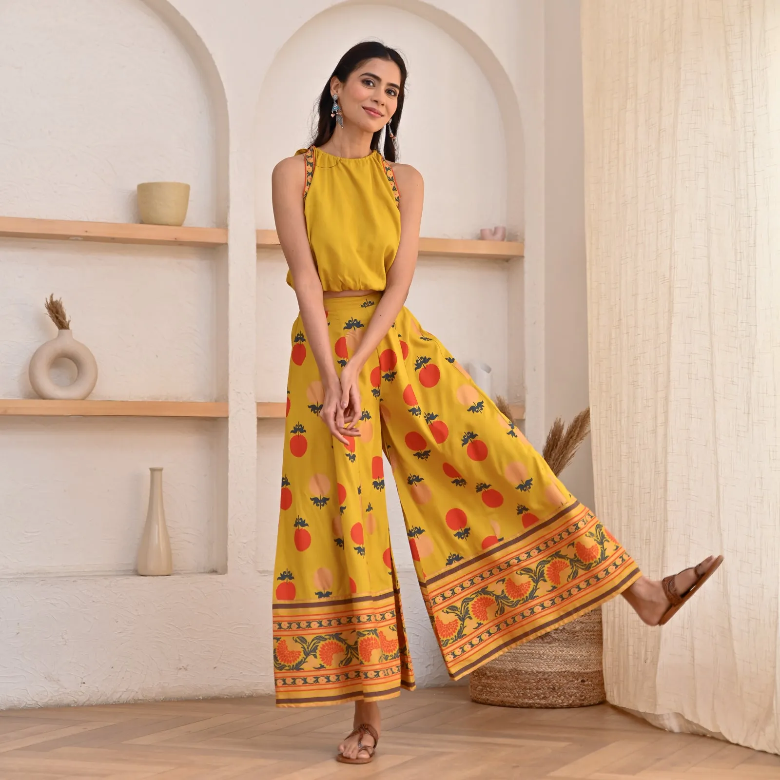 Yellow Crop Top Sharara Set with Foil Print