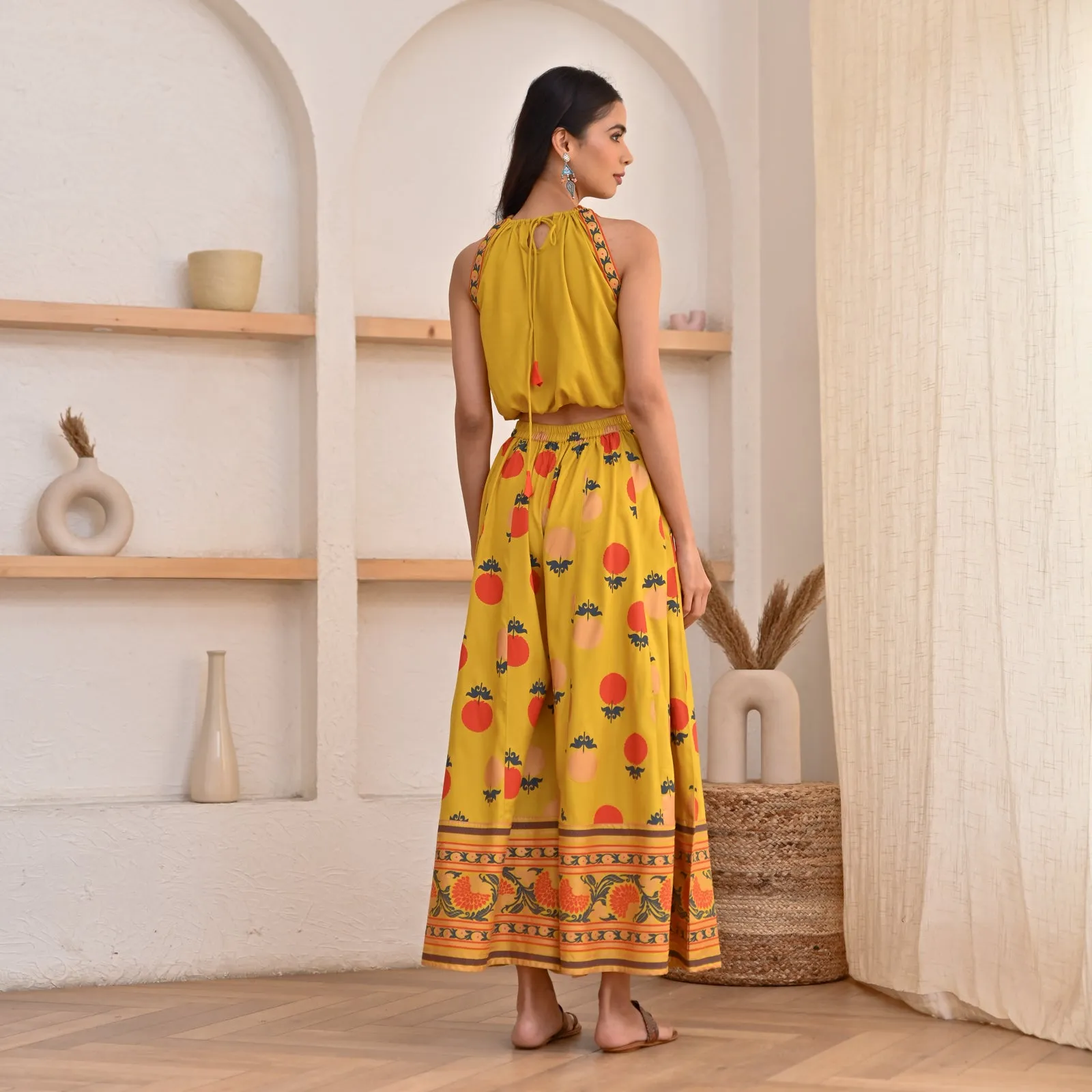 Yellow Crop Top Sharara Set with Foil Print